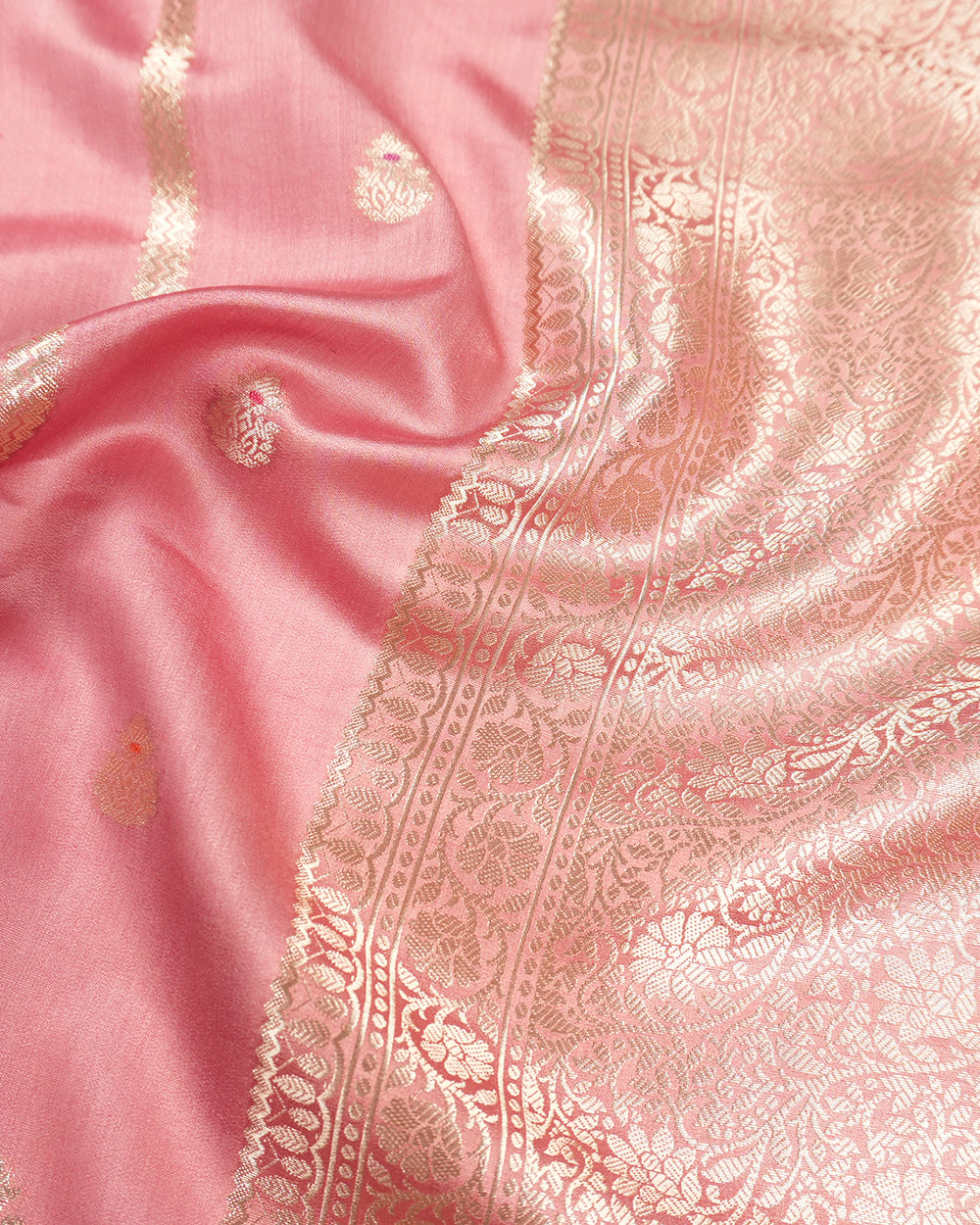 Pink Pure Banarasi Saree with Gold Buti and Ornate Meenakari Border