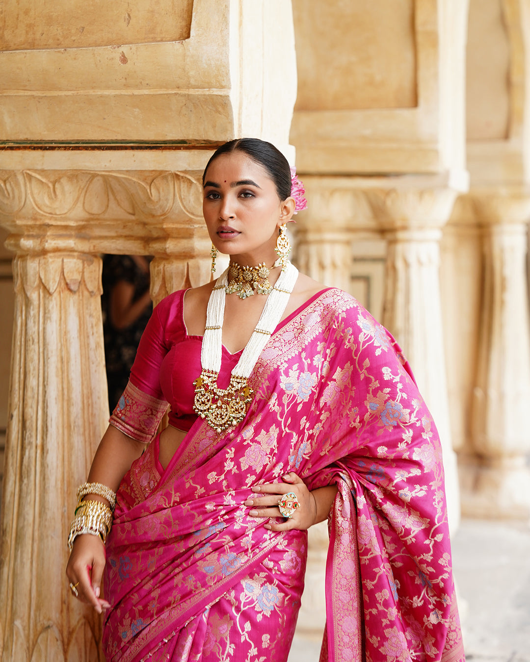 Rani Pink Pure Banarasi Saree with Grand Floral Zari Artistry
