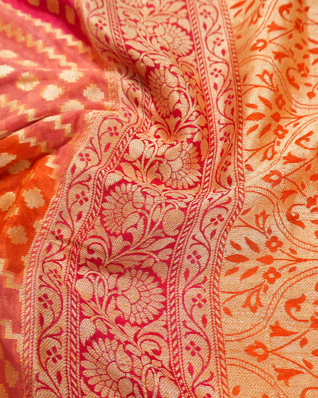 Saffron Blaze Pure Chiffon Saree with Traditional Rangkat Weaves