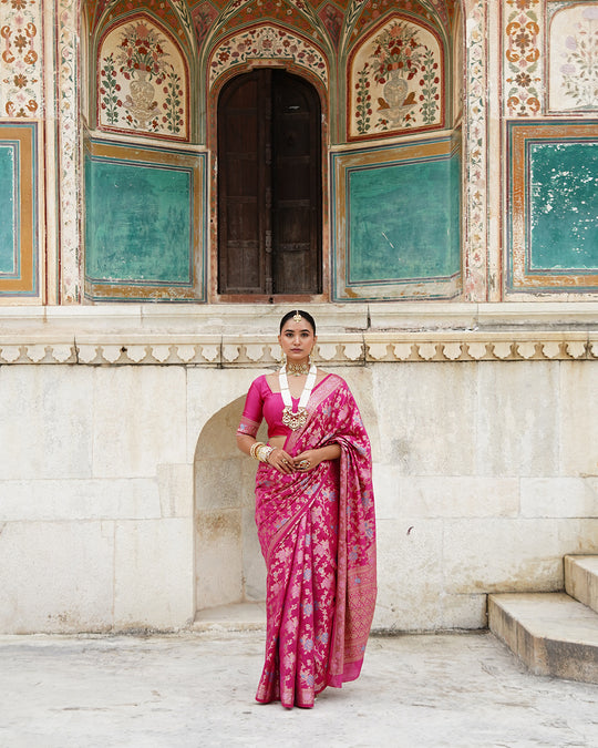 Rani Pink Pure Banarasi Saree with Grand Floral Zari Artistry