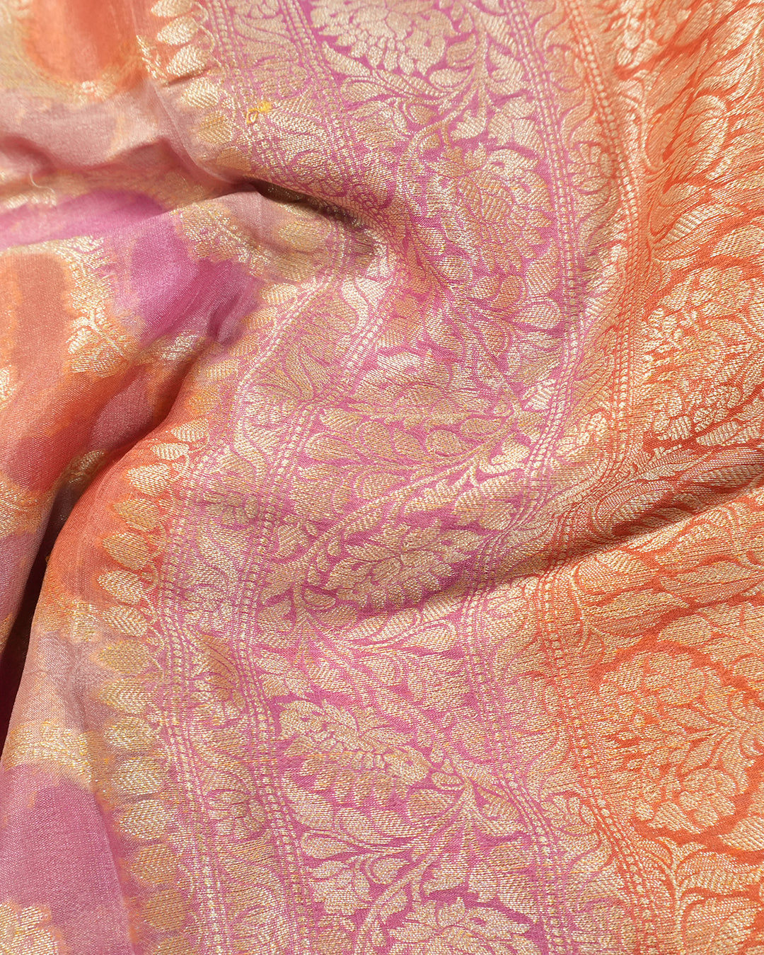Rose-Mist Peach Pure Chiffon Saree with Radiant Leheriya Weaves