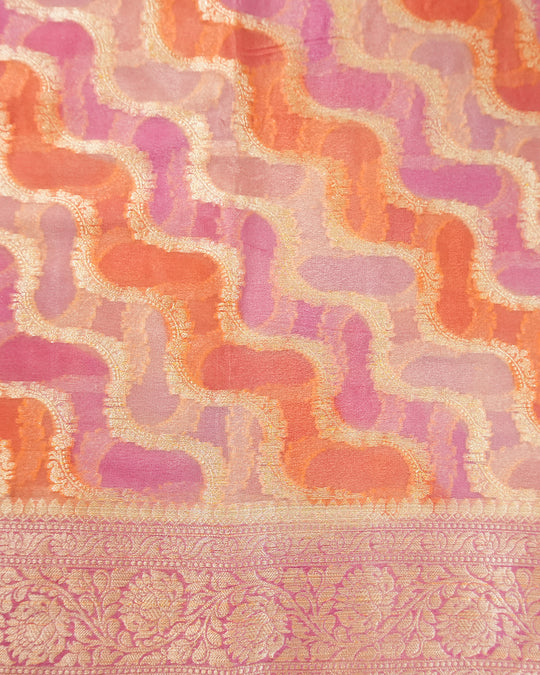 Rose-Mist Peach Pure Chiffon Saree with Radiant Leheriya Weaves