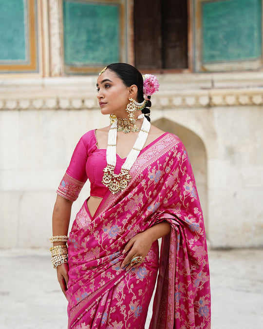 Rani Pink Pure Banarasi Saree with Grand Floral Zari Artistry