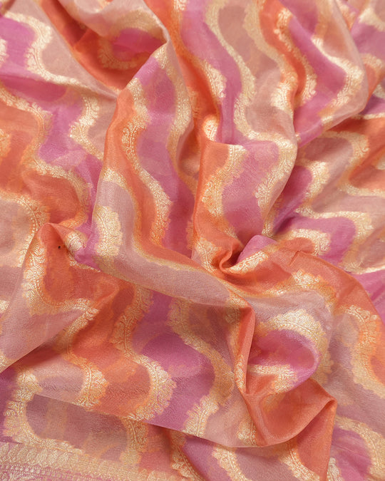 Rose-Mist Peach Pure Chiffon Saree with Radiant Leheriya Weaves