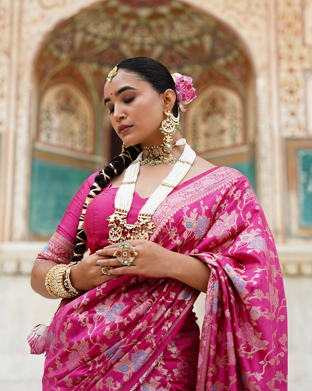 Rani Pink Pure Banarasi Saree with Grand Floral Zari Artistry
