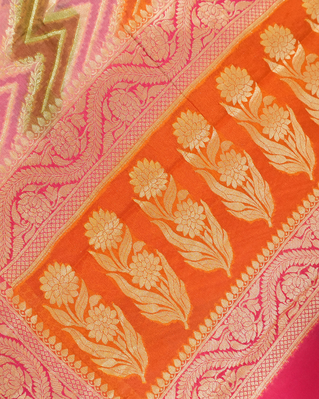 Sunlit Pink Pure Chiffon Saree with Radiant Chevron Zari Waves