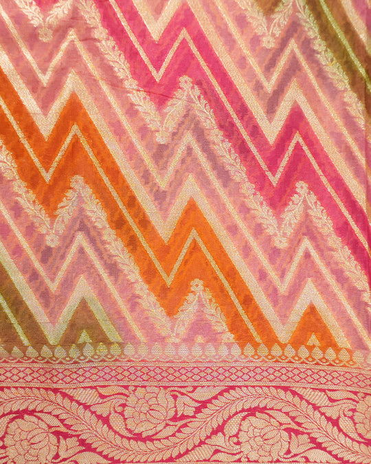 Sunlit Pink Pure Chiffon Saree with Radiant Chevron Zari Waves