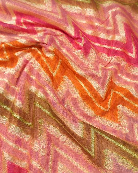 Sunlit Pink Pure Chiffon Saree with Radiant Chevron Zari Waves