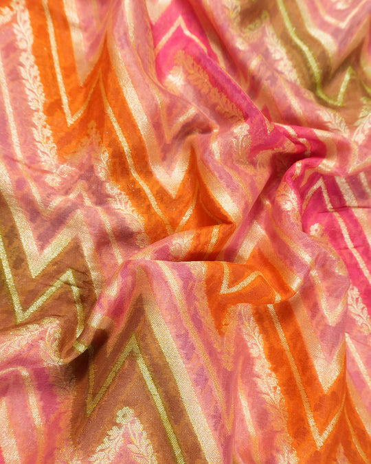 Sunlit Pink Pure Chiffon Saree with Radiant Chevron Zari Waves