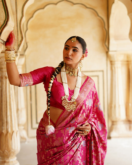 Rani Pink Pure Banarasi Saree with Grand Floral Zari Artistry