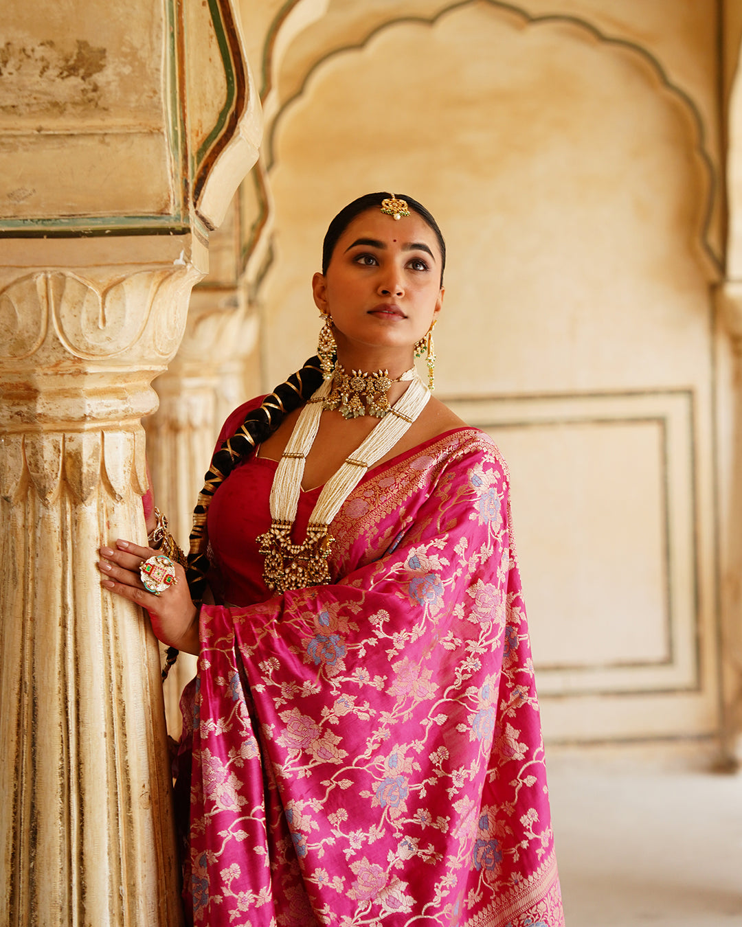 Rani Pink Pure Banarasi Saree with Grand Floral Zari Artistry