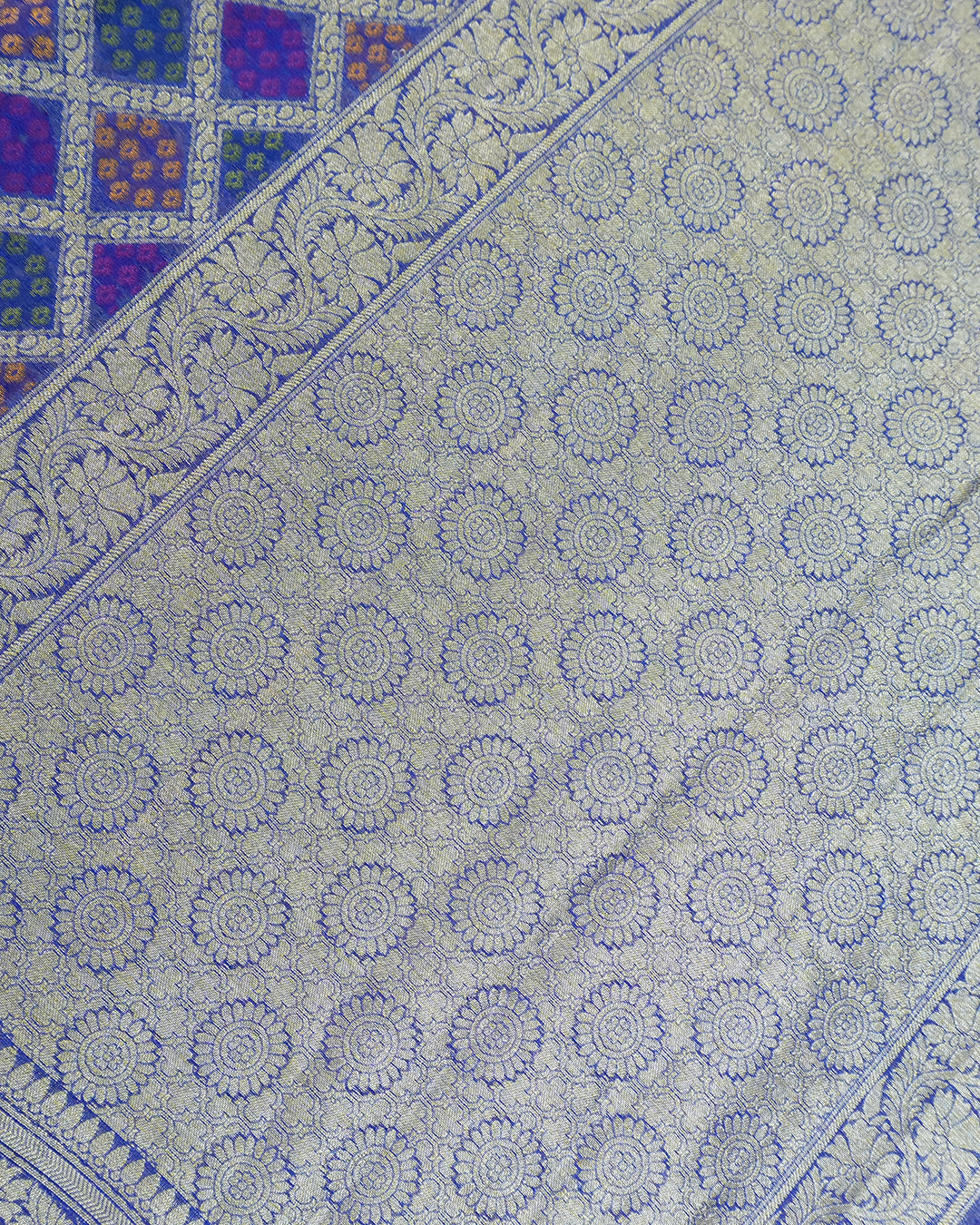 Turquoise and Blue Pure Chiffon Saree with Vibrant Rangkat Square Weaves