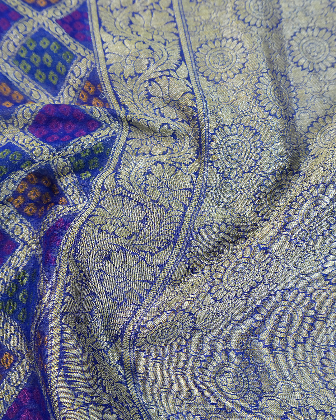 Turquoise and Blue Pure Chiffon Saree with Vibrant Rangkat Square Weaves