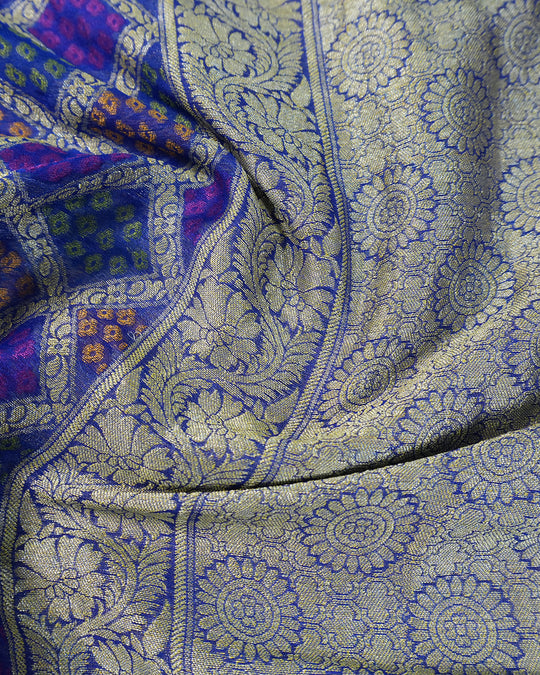 Turquoise and Blue Pure Chiffon Saree with Vibrant Rangkat Square Weaves