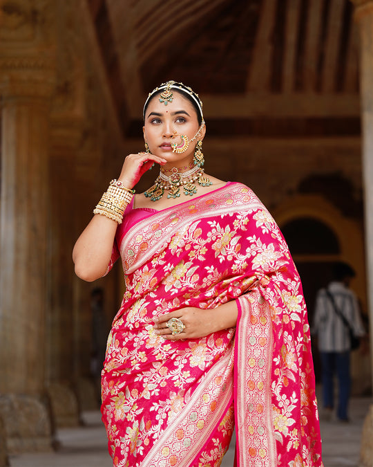 Rose Handwoven Pure Khaddi Georgette Saree With Water Zari