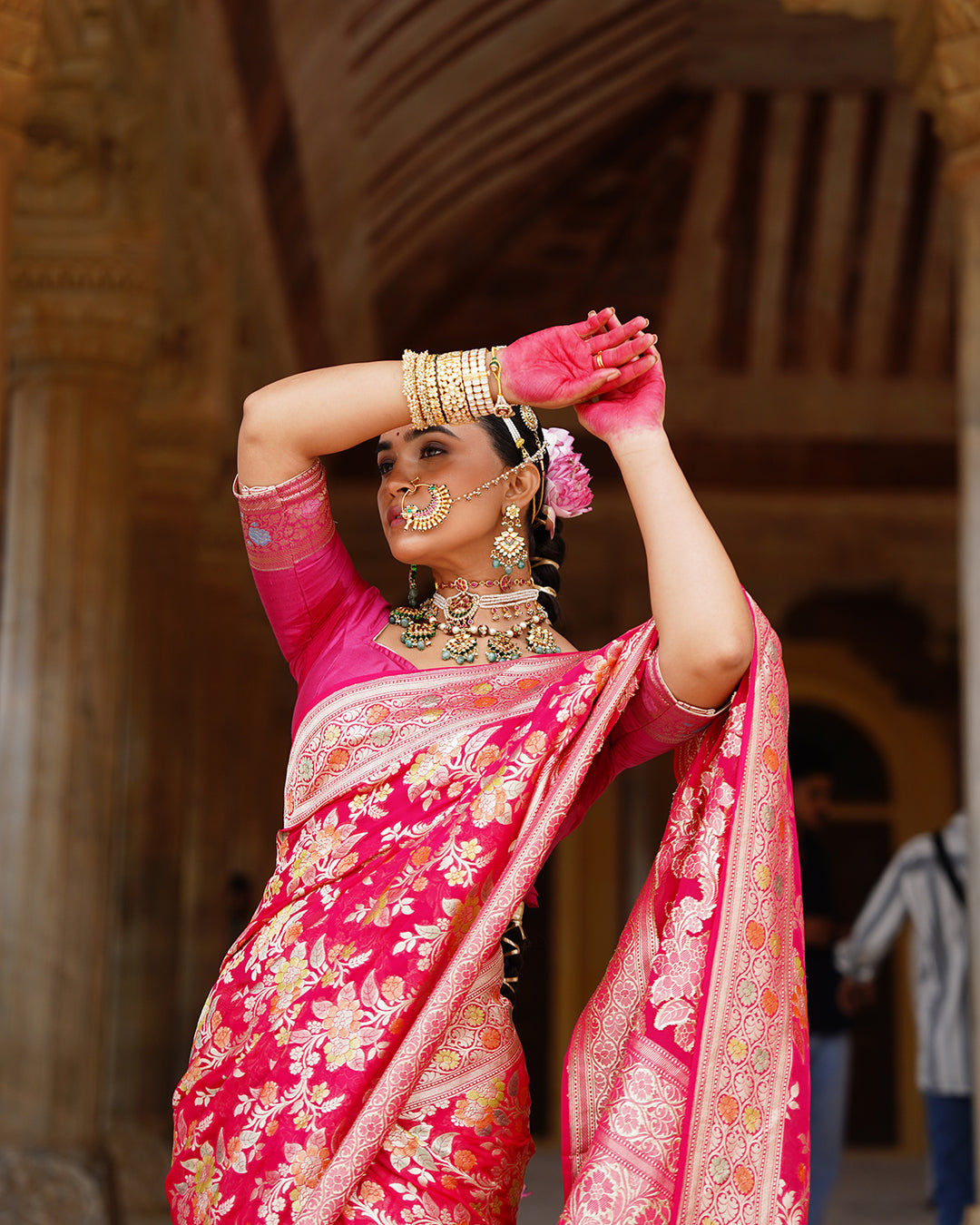 Rose Handwoven Pure Khaddi Georgette Saree With Water Zari
