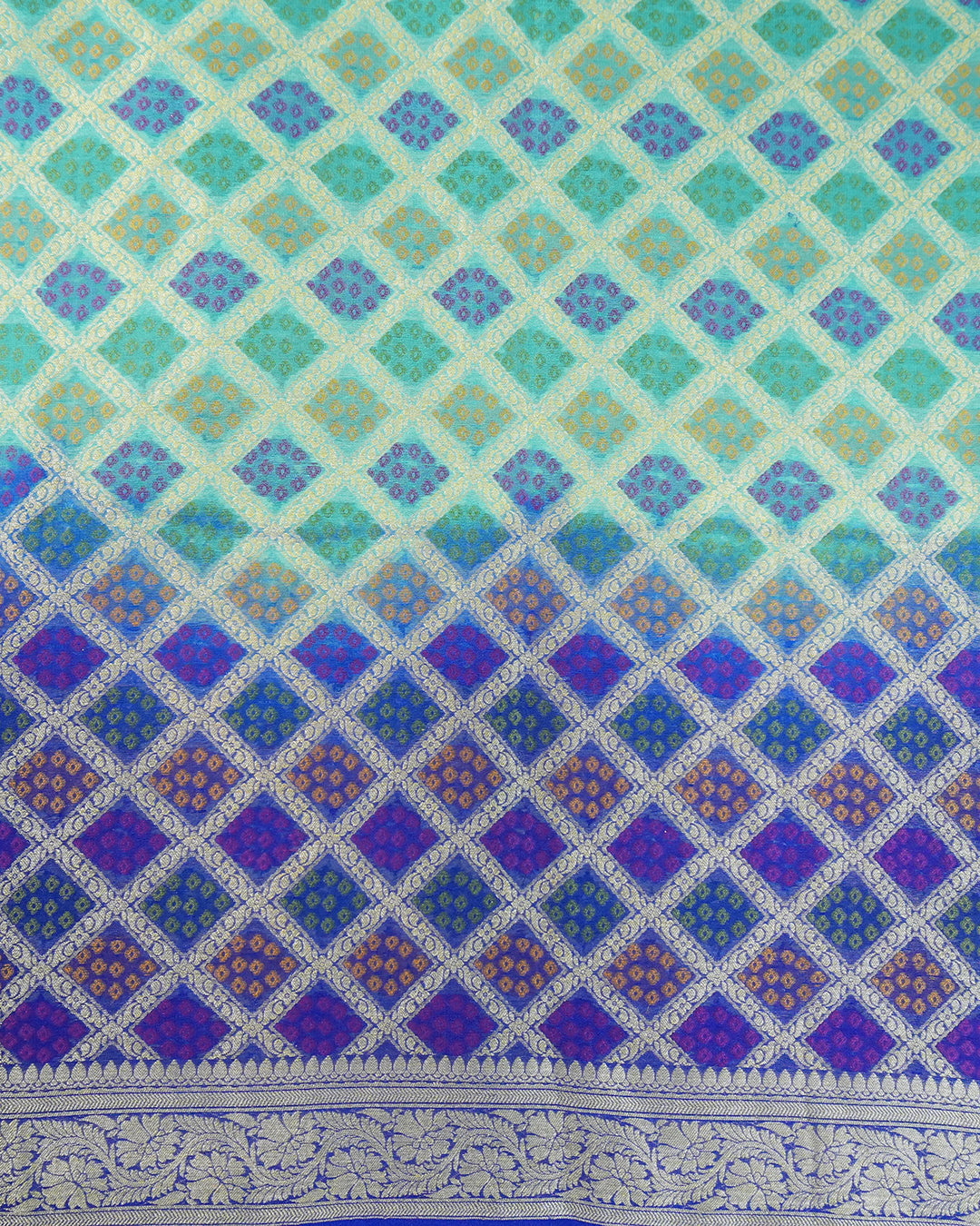 Turquoise and Blue Pure Chiffon Saree with Vibrant Rangkat Square Weaves