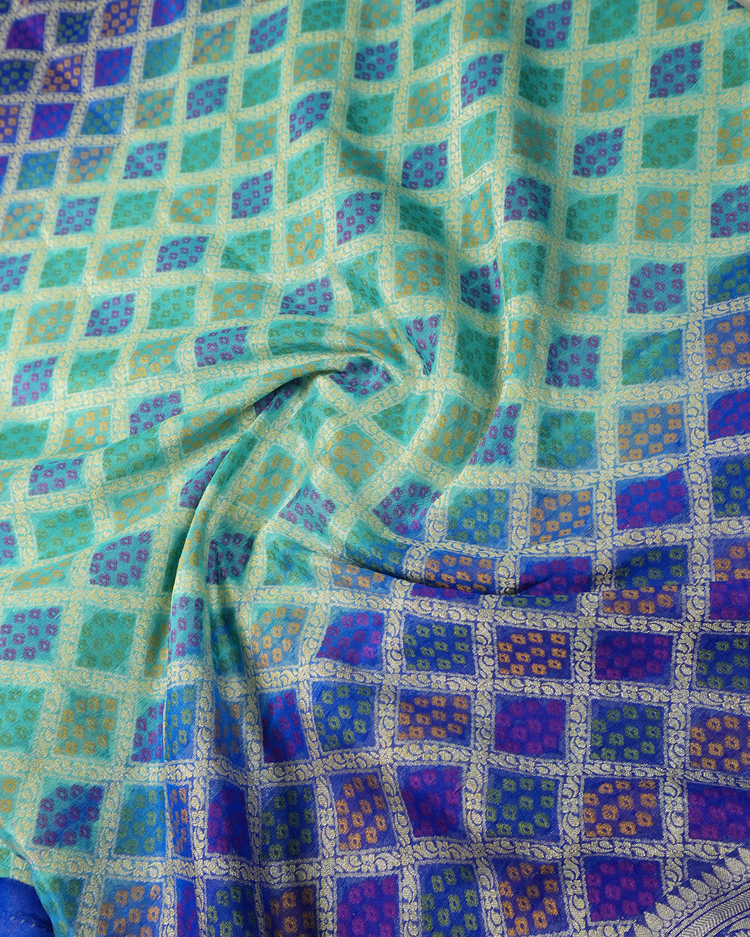 Turquoise and Blue Pure Chiffon Saree with Vibrant Rangkat Square Weaves