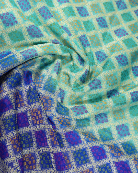 Turquoise and Blue Pure Chiffon Saree with Vibrant Rangkat Square Weaves