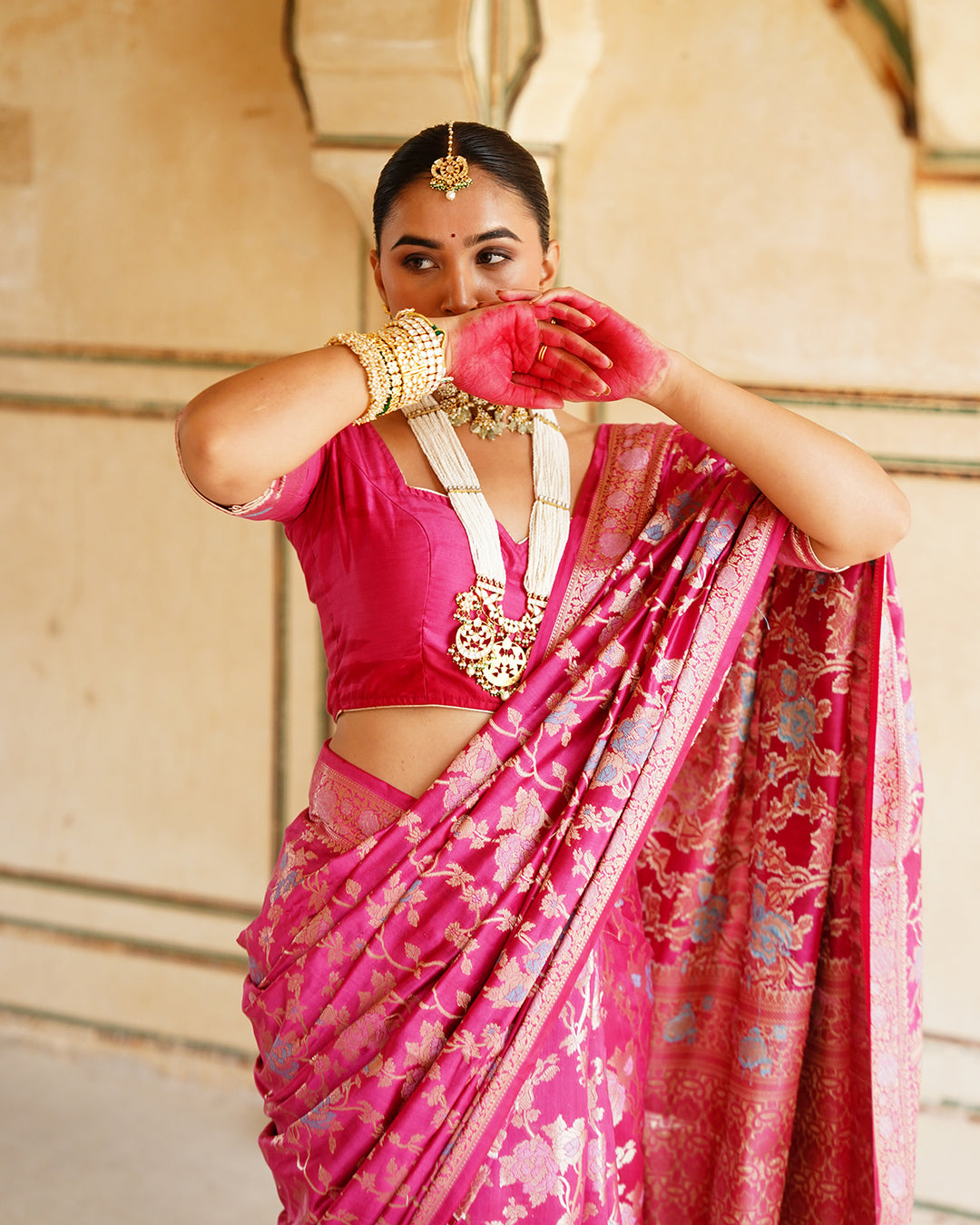 Rani Pink Pure Banarasi Saree with Grand Floral Zari Artistry