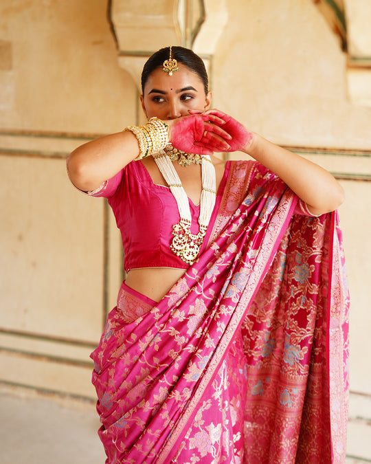 Rani Pink Pure Banarasi Saree with Grand Floral Zari Artistry