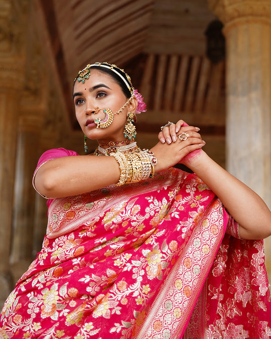 Rose Handwoven Pure Khaddi Georgette Saree With Water Zari