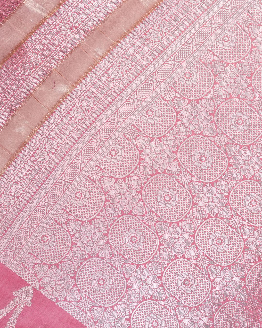 Pink Pure Banarasi and Tissue Silk Saree with Regal Floral Jaal Weaves - katansi