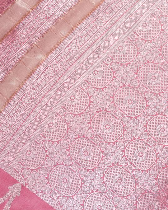 Pink Pure Banarasi and Tissue Silk Saree with Regal Floral Jaal Weaves - katansi