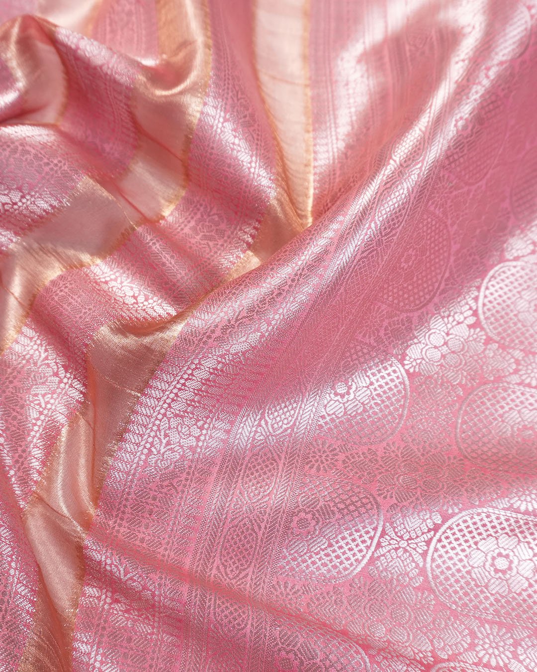 Pink Pure Banarasi and Tissue Silk Saree with Regal Floral Jaal Weaves - katansi