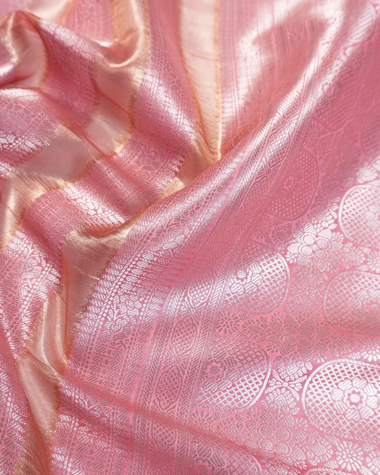 Pink Pure Banarasi and Tissue Silk Saree with Regal Floral Jaal Weaves - katansi