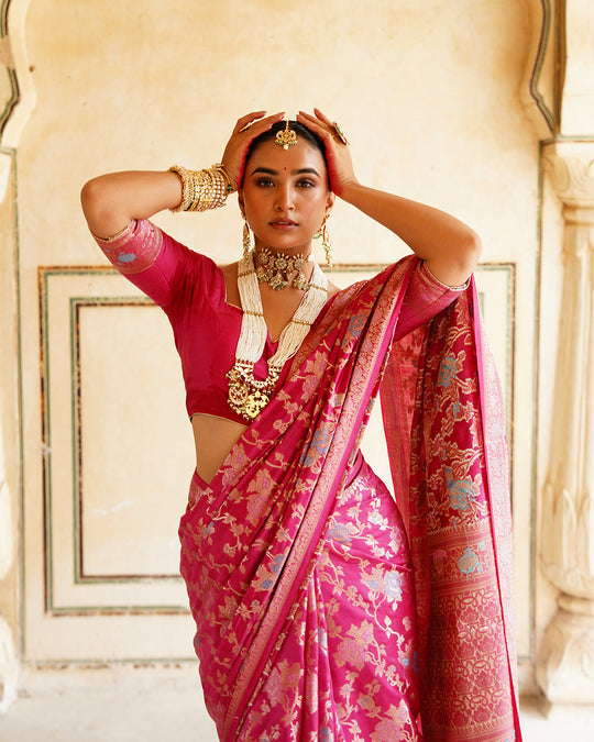 Rani Pink Pure Banarasi Saree with Grand Floral Zari Artistry
