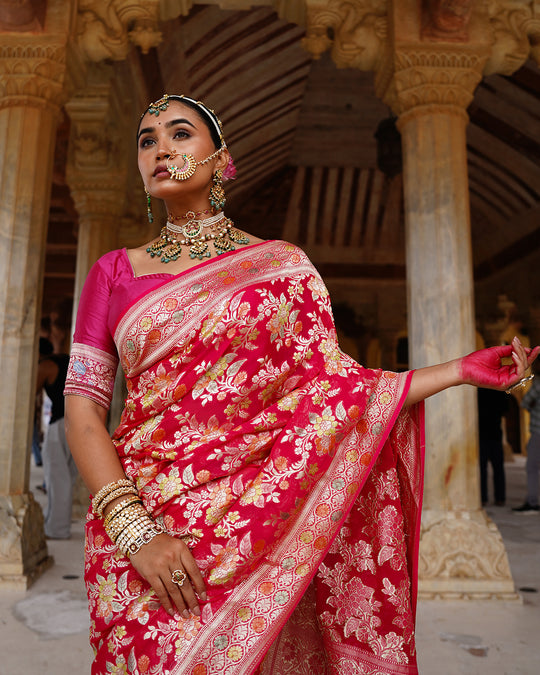 Rose Handwoven Pure Khaddi Georgette Saree With Water Zari