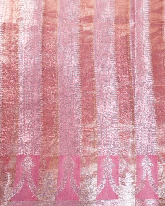 Pink Pure Banarasi and Tissue Silk Saree with Regal Floral Jaal Weaves - katansi