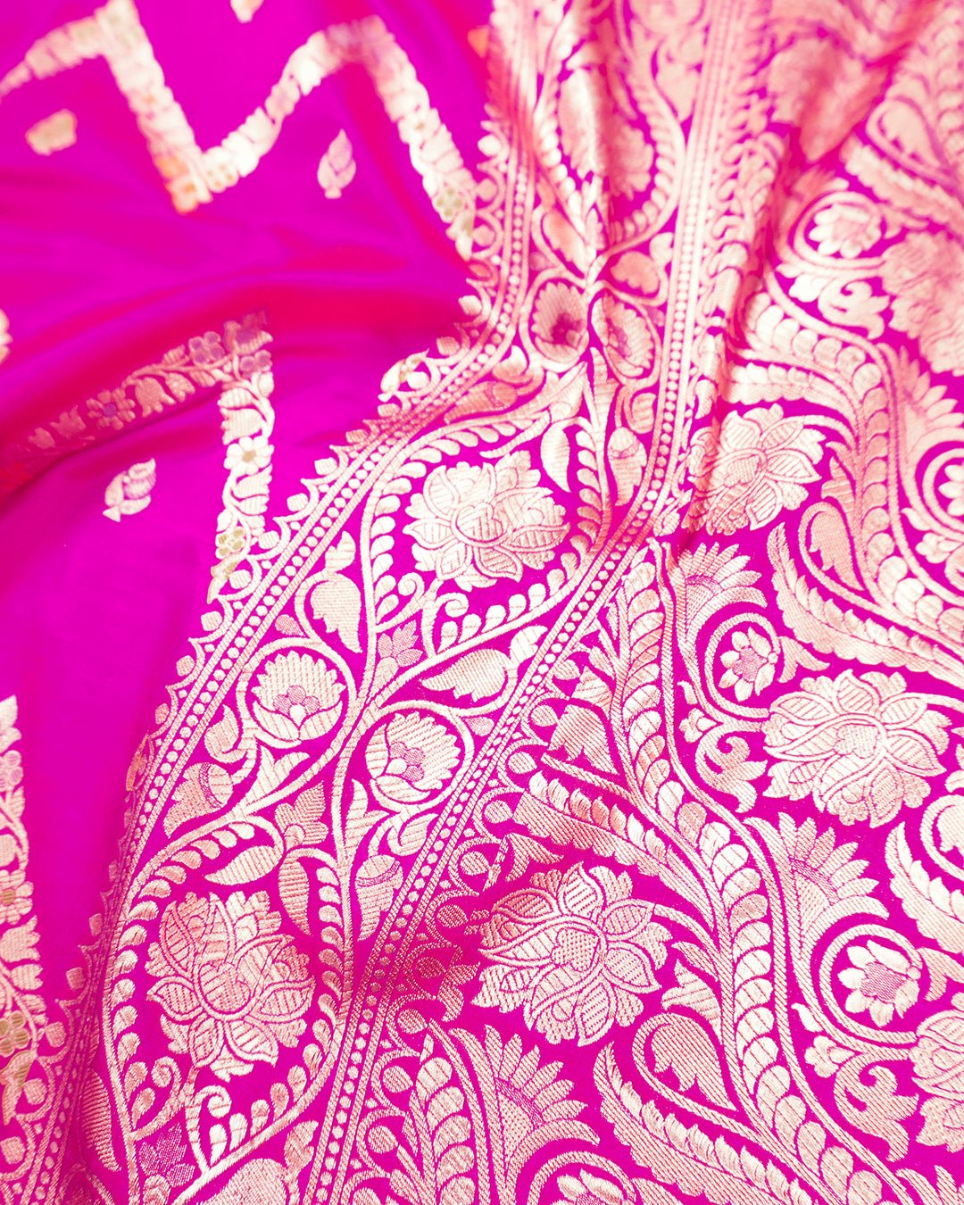 Rani Pink Pure Katan Saree with Meenakari Zigzag Vine Pattern - katansi
