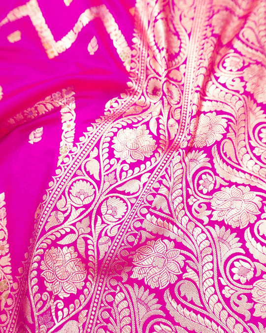 Rani Pink Pure Katan Saree with Meenakari Zigzag Vine Pattern - katansi