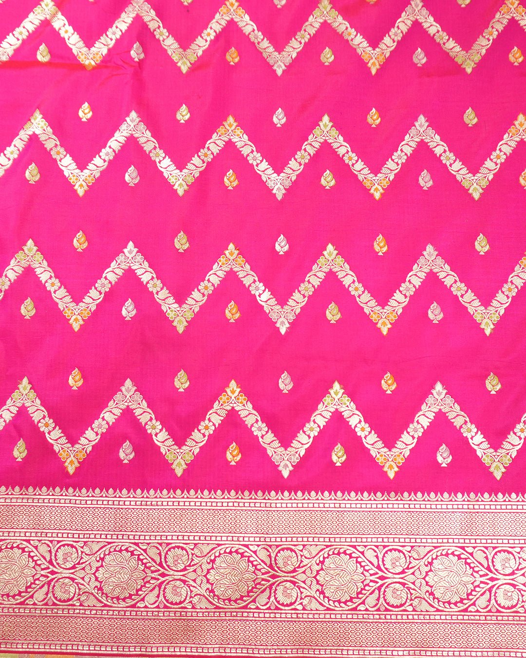 Rani Pink Pure Katan Saree with Meenakari Zigzag Vine Pattern - katansi