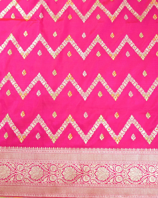 Rani Pink Pure Katan Saree with Meenakari Zigzag Vine Pattern - katansi