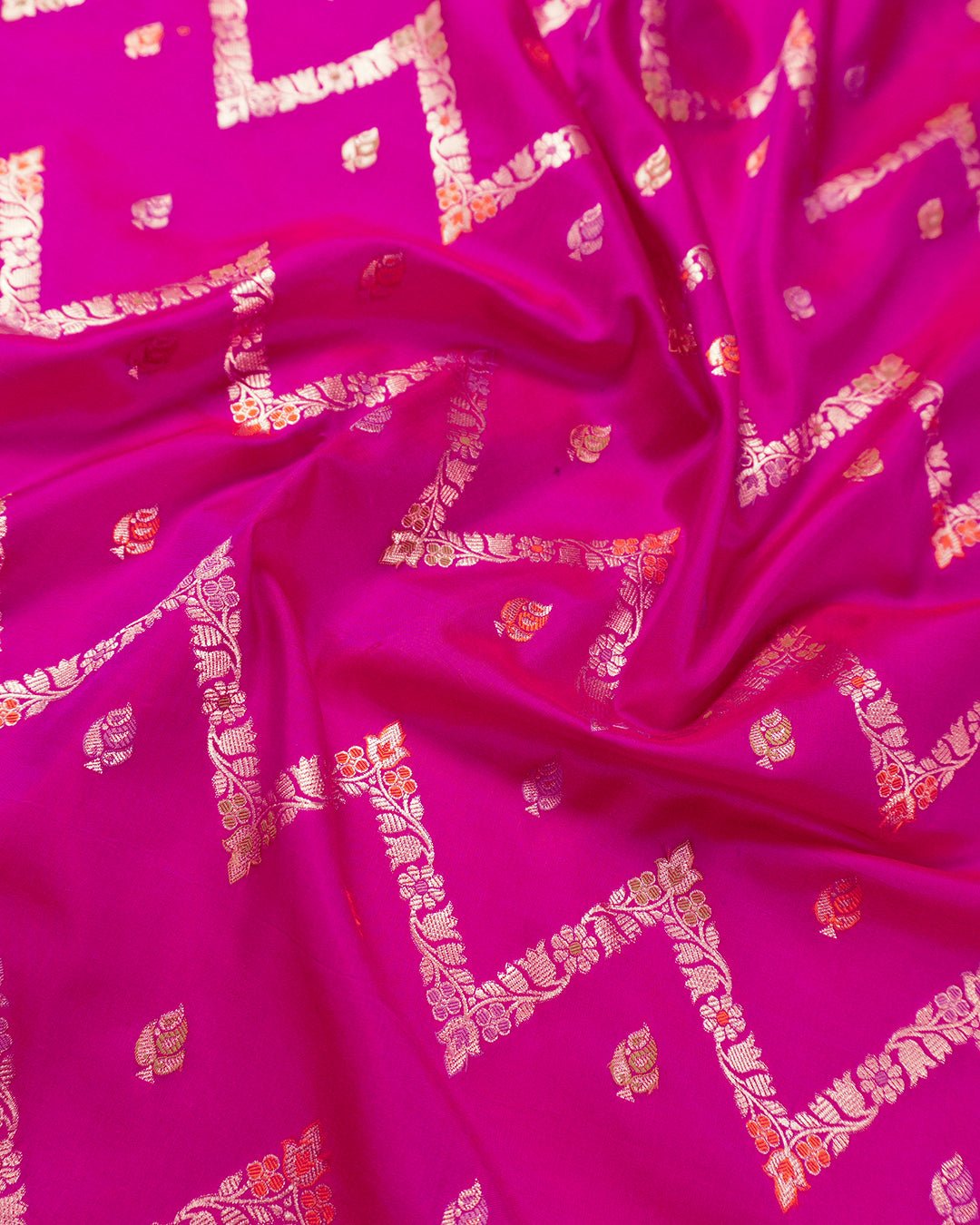 Rani Pink Pure Katan Saree with Meenakari Zigzag Vine Pattern - katansi