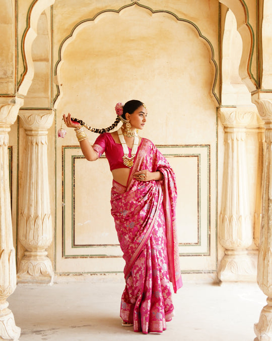 Rani Pink Pure Banarasi Saree with Grand Floral Zari Artistry