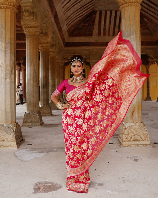 Rose Handwoven Pure Khaddi Georgette Saree With Water Zari