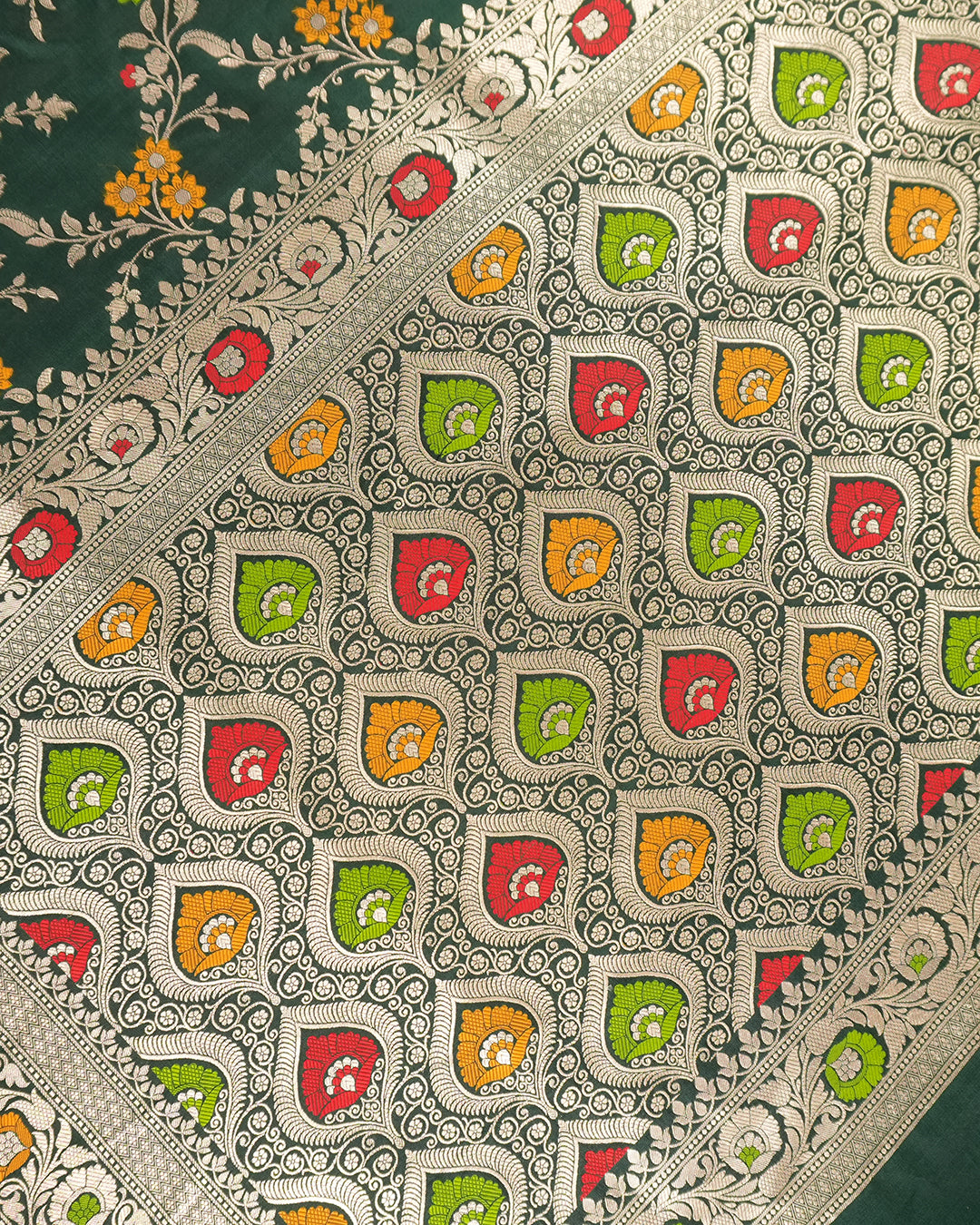 Green Pure Katan Saree with Handloom Floral Meenakari Weaves