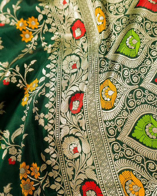 Green Pure Katan Saree with Handloom Floral Meenakari Weaves