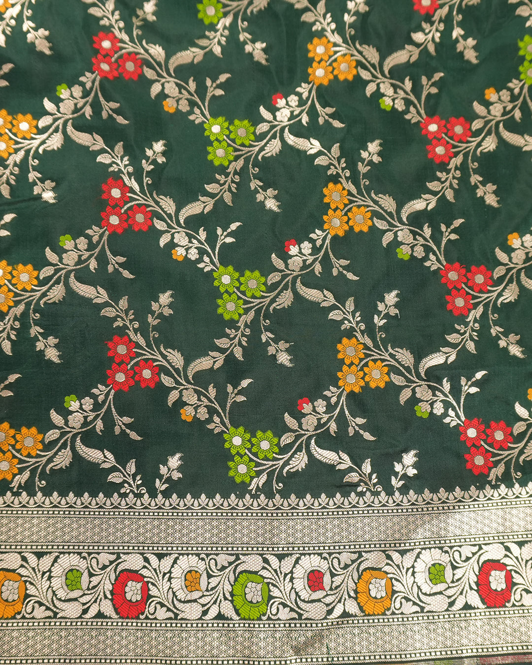 Green Pure Katan Saree with Handloom Floral Meenakari Weaves