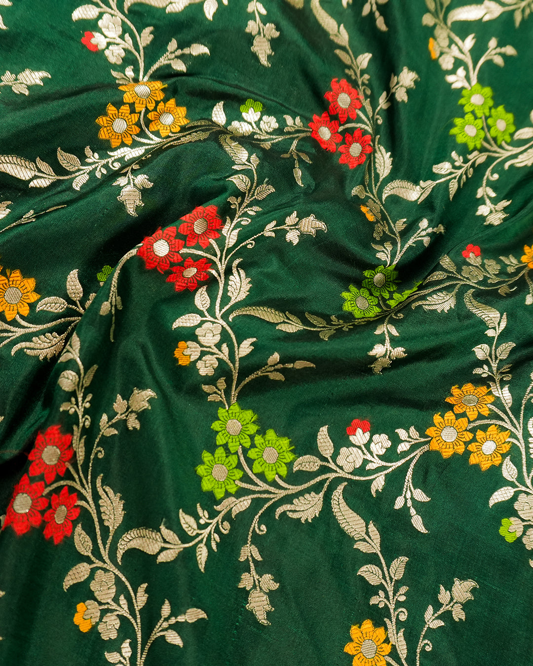 Green Pure Katan Saree with Handloom Floral Meenakari Weaves