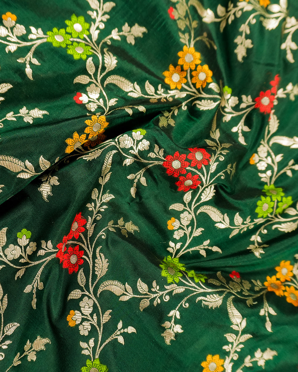 Green Pure Katan Saree with Handloom Floral Meenakari Weaves