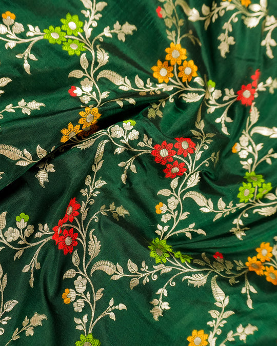 Green Pure Katan Saree with Handloom Floral Meenakari Weaves