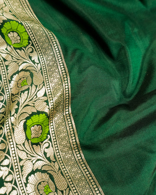 Green Pure Katan Saree with Handloom Floral Meenakari Weaves