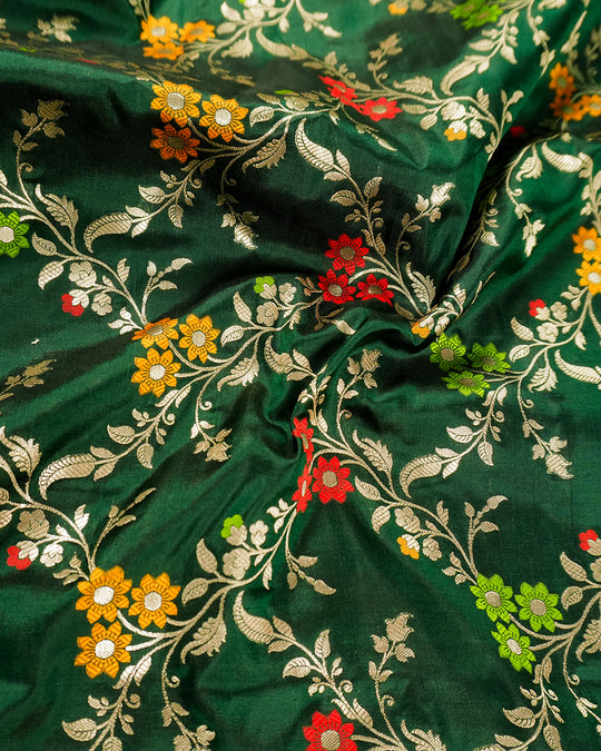 Green Pure Katan Saree with Handloom Floral Meenakari Weaves