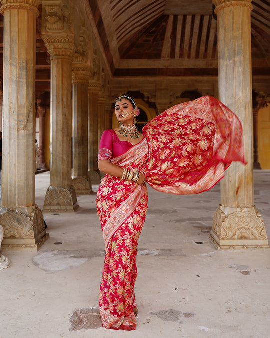 Rose Handwoven Pure Khaddi Georgette Saree With Water Zari