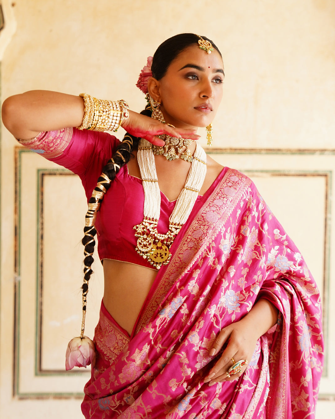 Rani Pink Pure Banarasi Saree with Grand Floral Zari Artistry